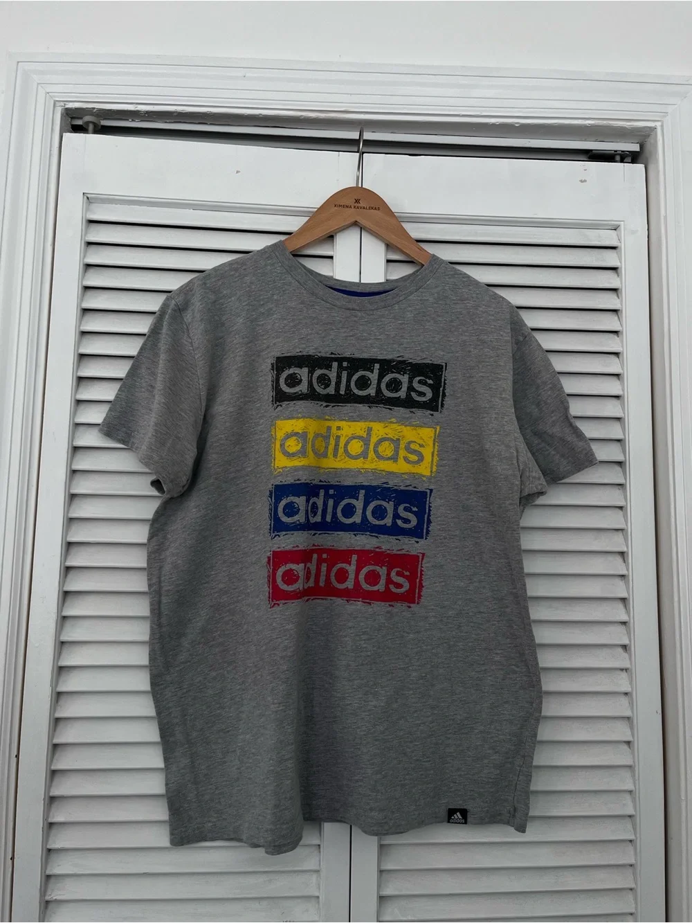 adidas Men's Gray Short Sleeve Tee with Multicolor Logo Blocks